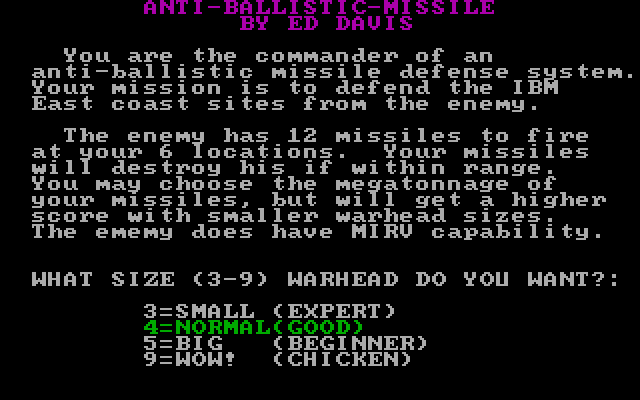 Anti-Ballistic-Missile IBM PC/Compatibles Screenshot: Game instructions.