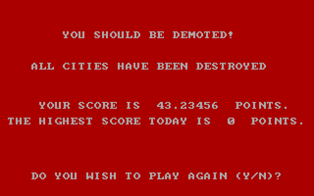 Anti-Ballistic-Missile IBM PC/Compatibles Screenshot: Game over...I lost this time!