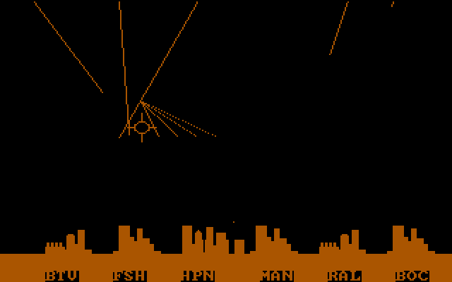 Anti-Ballistic-Missile IBM PC/Compatibles Screenshot: Enemy missles can split into multiples...