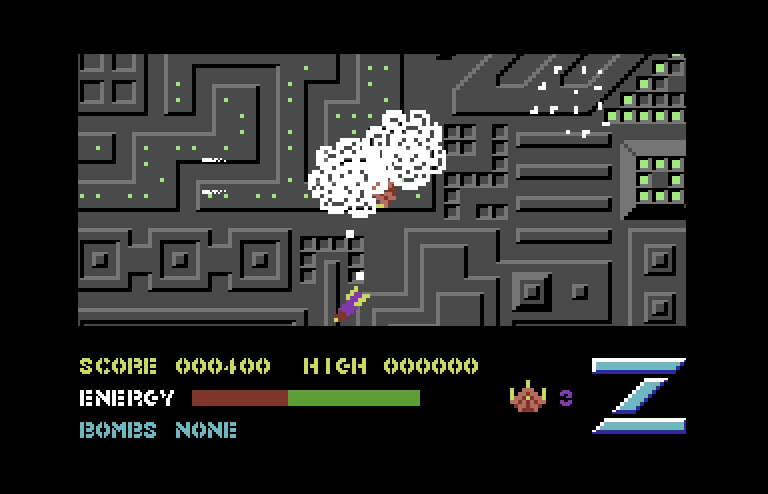 Z-Pilot Commodore 64 Screenshot: Kaboom! I blasted something which almost got me.