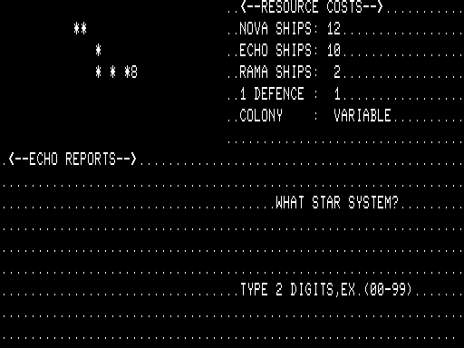 Andromeda Conquest TRS-80 Screenshot: Select a star system to establish a colony in...