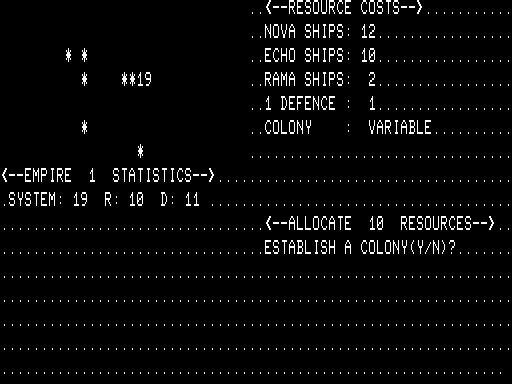 Andromeda Conquest TRS-80 Screenshot: Do you wish to establish a colony?