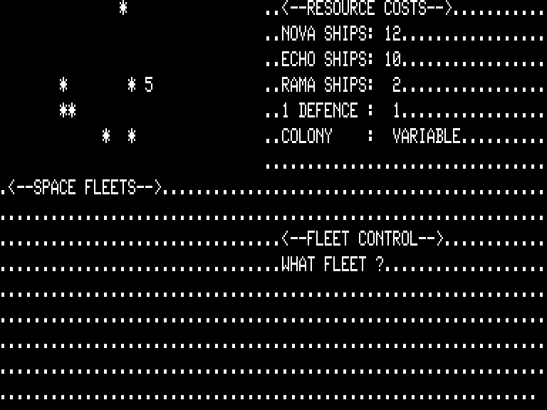 Andromeda Conquest TRS-80 Screenshot: Control which fleet?