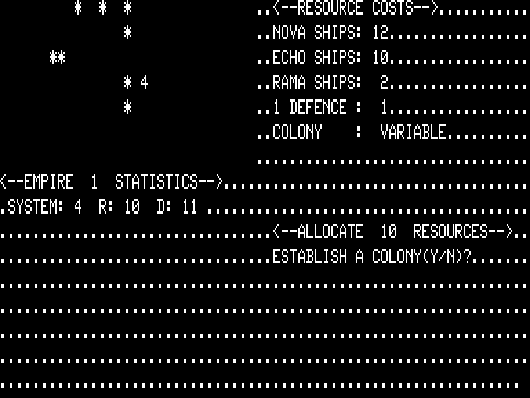 Andromeda Conquest TRS-80 Screenshot: Do you wish to establish a colony?