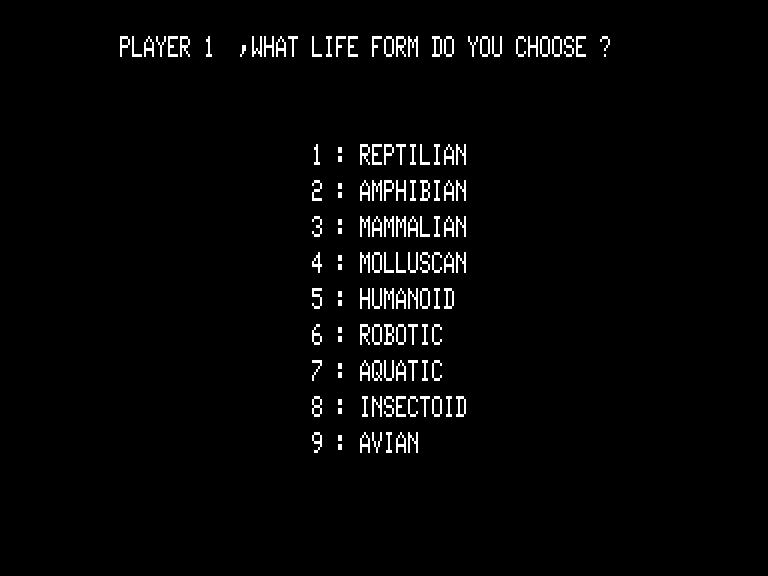 Andromeda Conquest TRS-80 Screenshot: Select which life form you'd like to play the game as...