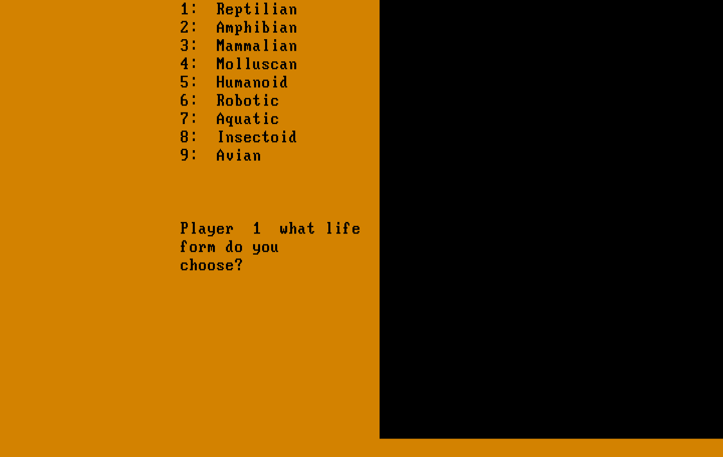Andromeda Conquest IBM PC/Compatibles Screenshot: Game start; player 1, choose a life form!