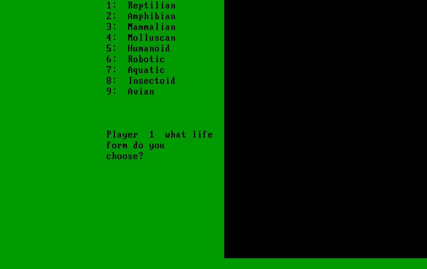 Andromeda Conquest IBM PC/Compatibles Screenshot: Game start; player 1, choose a life form!