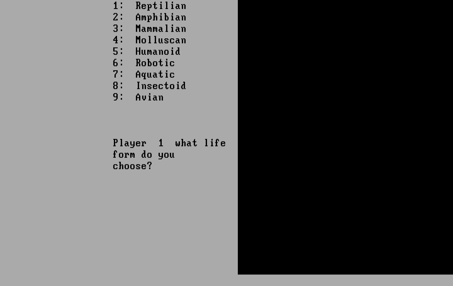 Andromeda Conquest IBM PC/Compatibles Screenshot: Game start; player 1, choose a life form!