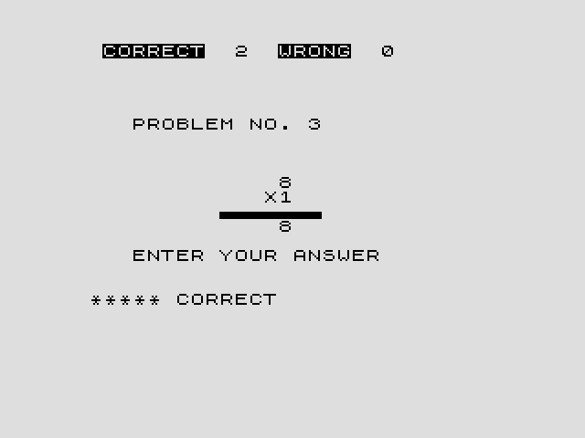 Super Math ZX81 / Timex Sinclair 1000 Screenshot: Time for multiplication on the easy skill level.