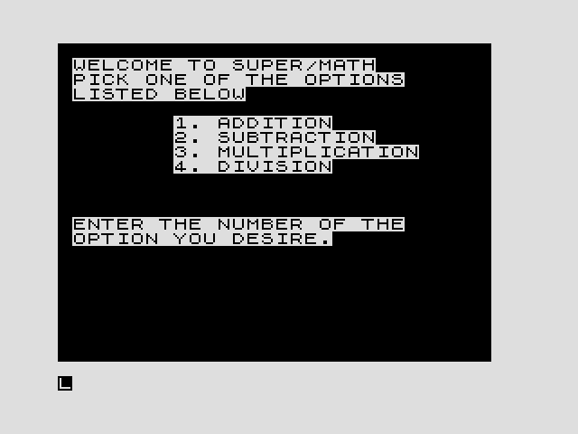 Super Math ZX81 / Timex Sinclair 1000 Screenshot: The main menu.
