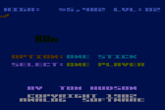 Buried Bucks Atari 8-bit Screenshot: Starting screen; the game title flashes different colors and is built one letter at a time...