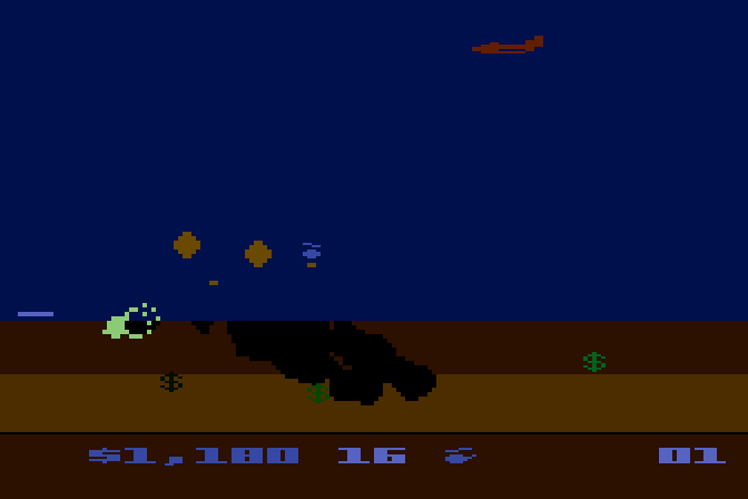 Buried Bucks Atari 8-bit Screenshot: Blasting to get to the buried bucks...
