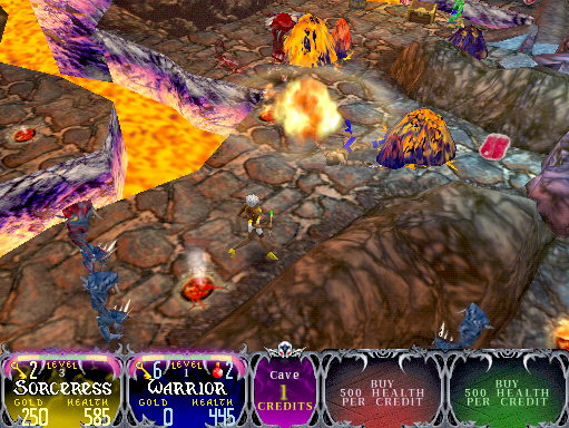 Gauntlet: Dark Legacy Arcade Screenshot: Player two has been knocked down!