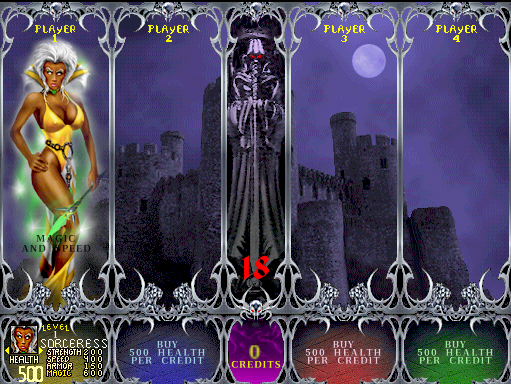 Gauntlet: Dark Legacy Arcade Screenshot: Game start; first, select your character...