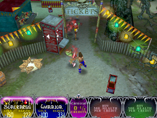 Gauntlet: Dark Legacy Arcade Screenshot: Entering the carnival-like dream town.