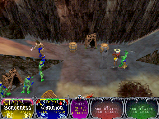 Gauntlet: Dark Legacy Arcade Screenshot: The halo indicates that character is temporarily immune to death...