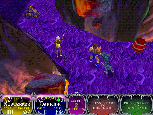 Gauntlet: Dark Legacy Arcade Screenshot: Avoid falling boulders on these narrow bridges...