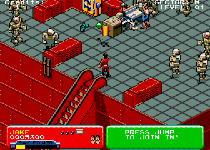 Escape from the Planet of the Robot Monsters Arcade Screenshot: Surrounded by robots...