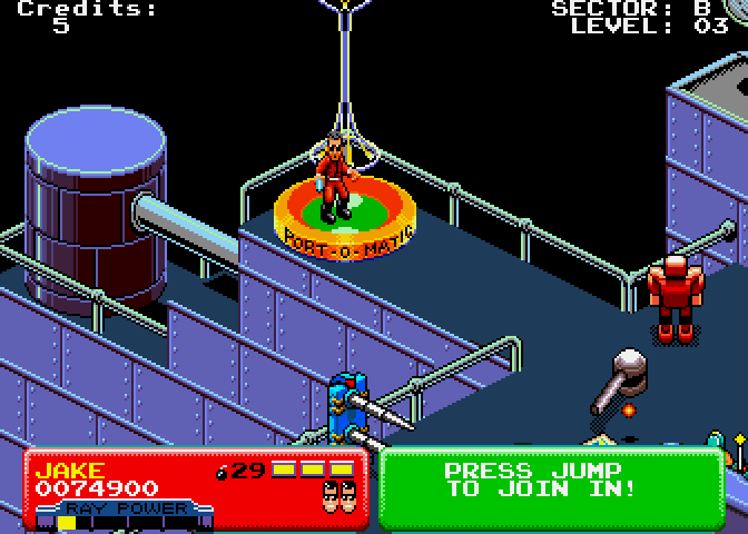 Escape from the Planet of the Robot Monsters Arcade Screenshot: It's a Port-O-Matic!