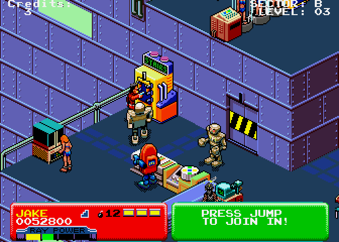 Escape from the Planet of the Robot Monsters Arcade Screenshot: These switches activate the escelator to the next platform...