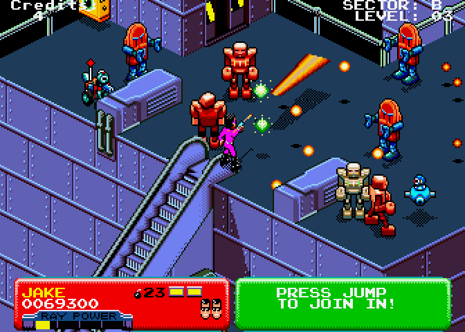 Escape from the Planet of the Robot Monsters Arcade Screenshot: It's an ambush!