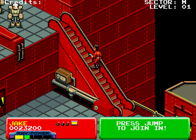 Escape from the Planet of the Robot Monsters Arcade Screenshot: The escelator takes you up to the next platform...