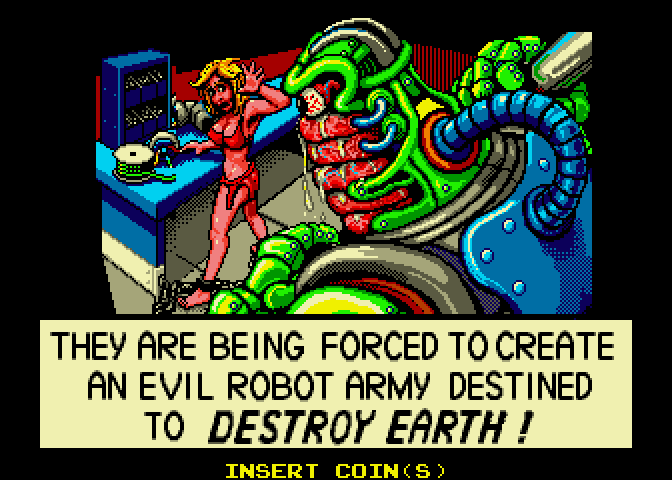 Escape from the Planet of the Robot Monsters Arcade Screenshot: An evil robot army is being formed...