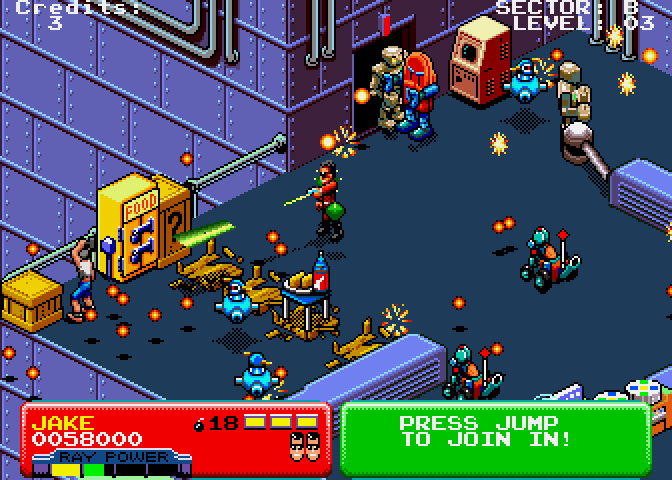 Escape from the Planet of the Robot Monsters Arcade Screenshot: Blasting opponents!