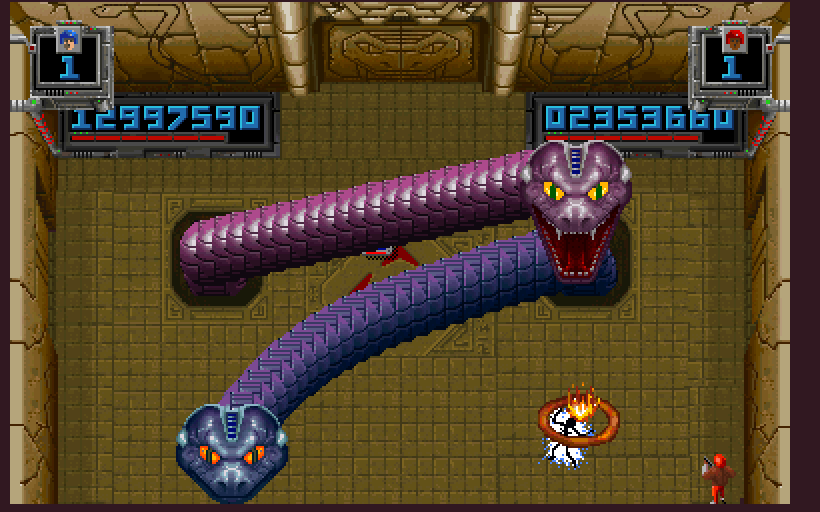 Smash T.V. Arcade Screenshot: Player one is zapped!