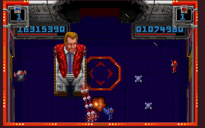 Smash T.V. Arcade Screenshot: The host shoots a barage of eyeballs at you!