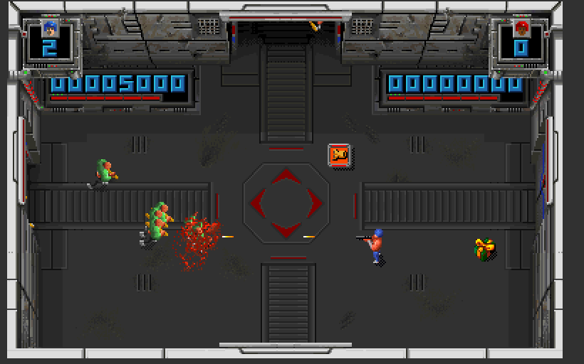 Smash T.V. Arcade Screenshot: The game starts with just a handfull of opponents to shoot...