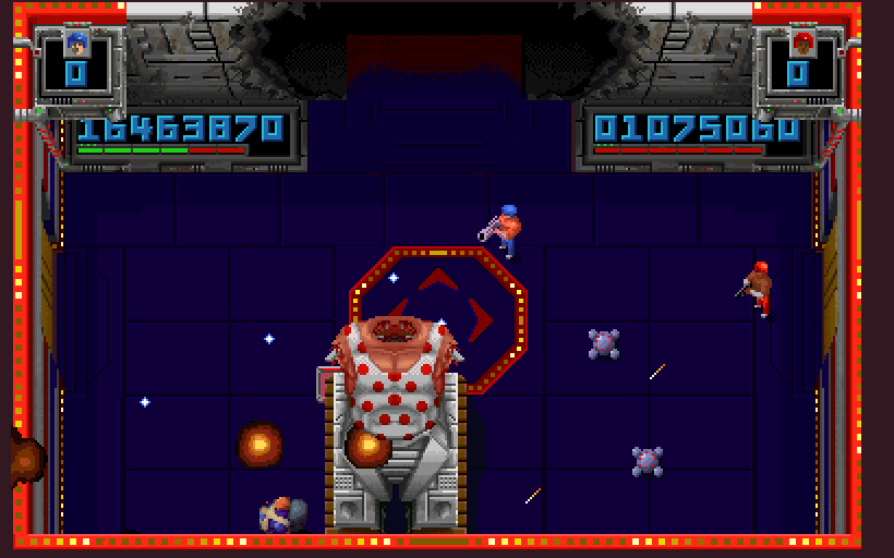 Smash T.V. Arcade Screenshot: The show host, partially destroyed...