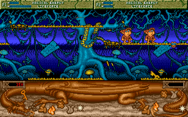 Spell Bound Amiga Screenshot: Two players walking along a platform...