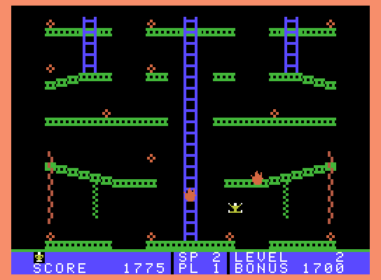 Jumpman Junior ColecoVision Screenshot: The second level is Fire! Fire!...I'm falling after touching a fire...