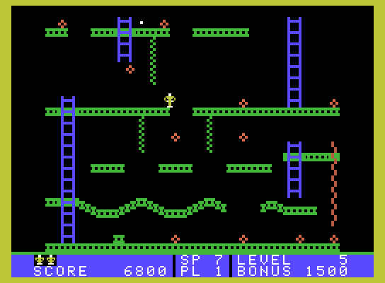 Jumpman Junior ColecoVision Screenshot: Platforms, ladders, and more appear and disappear each time you collect a bomb on this level.