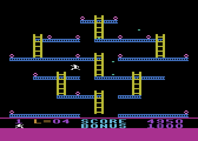 Jumpman Junior Atari 8-bit Screenshot: Jumping away from the hellstones...