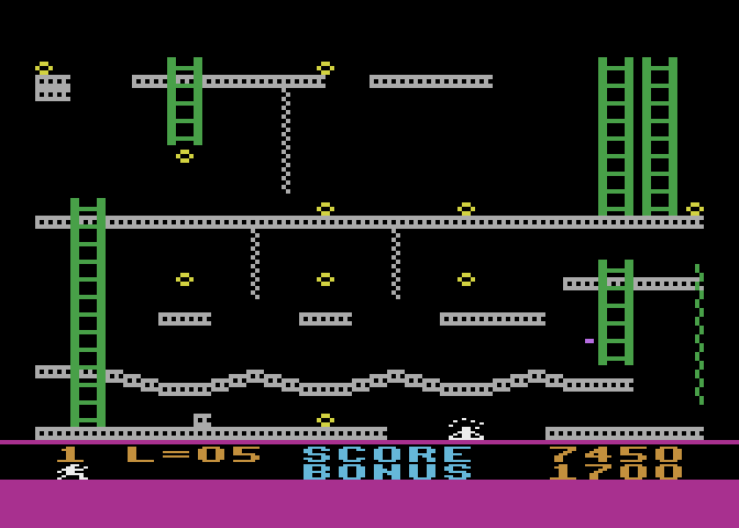 Jumpman Junior Atari 8-bit Screenshot: I lost a life when the floor unexpectedly disappeared.