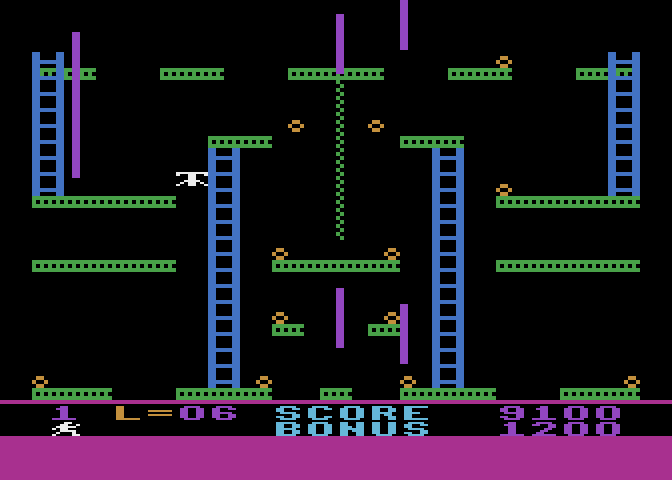 Jumpman Junior Atari 8-bit Screenshot: Falling after being hit by a moving wall...
