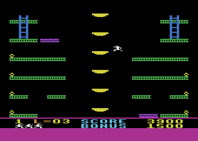 Jumpman Junior Atari 8-bit Screenshot: Jumping on to the dumbwaiter...