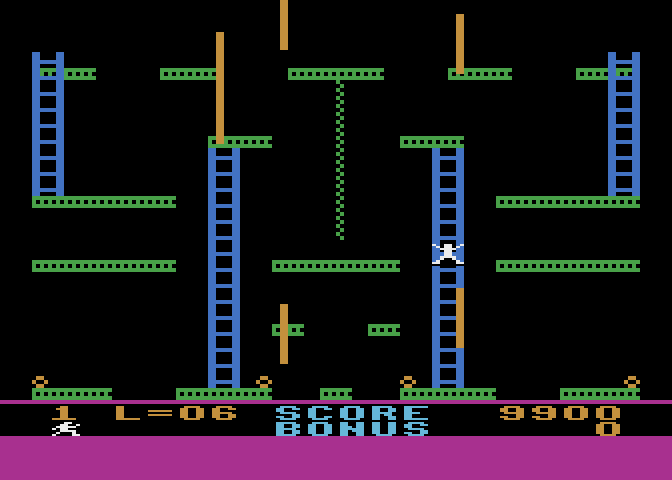 Jumpman Junior Atari 8-bit Screenshot: Avoid the moving walls; they may shove you off of the ladders or platforms!