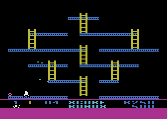 Jumpman Junior Atari 8-bit Screenshot: One bomb left, then on to the next level...