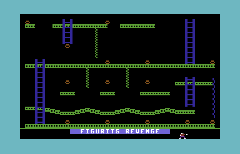 Jumpman Junior Commodore 64 Screenshot: Figurits Revenge; the platforms appear and disappear in challenging patterns here!