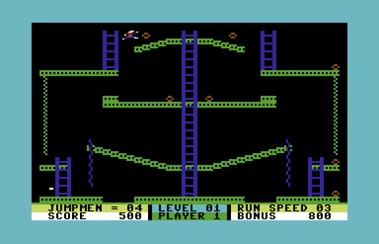 Jumpman Junior Commodore 64 Screenshot: Leaping to grab one of the bombs...