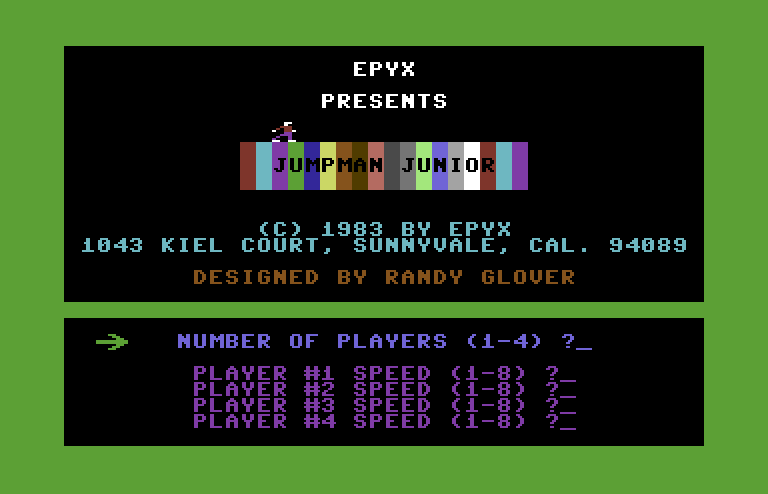 Jumpman Junior Commodore 64 Screenshot: Title screen.