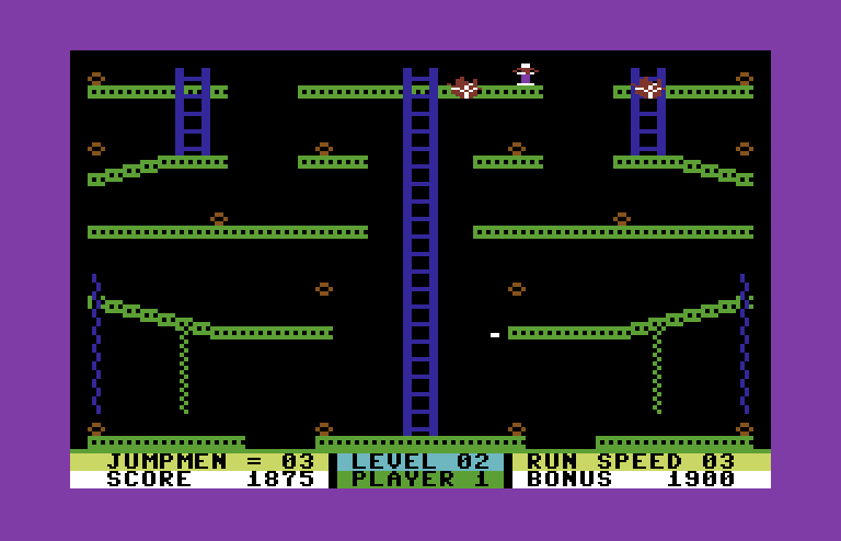 Jumpman Junior Commodore 64 Screenshot: Fire! Fire! Be careful where you walk and jump...