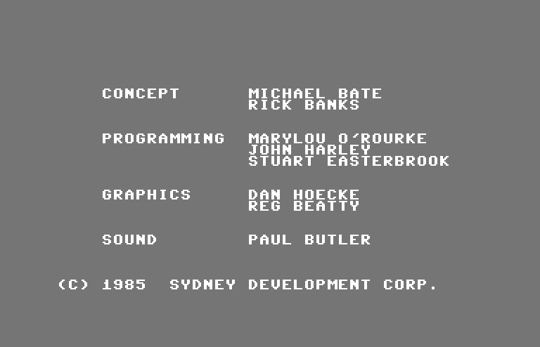 Desert Fox Commodore 64 Screenshot: Credits screen.