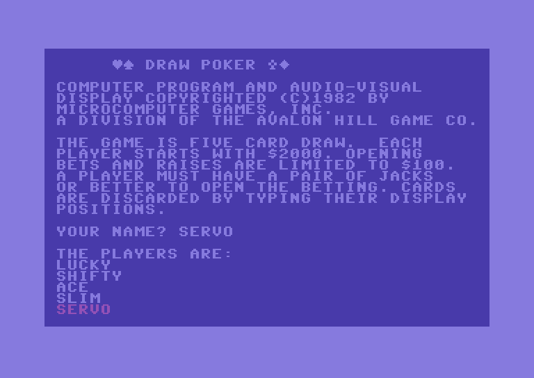 Five Card Draw Poker Commodore 64 Screenshot: Here are the players...