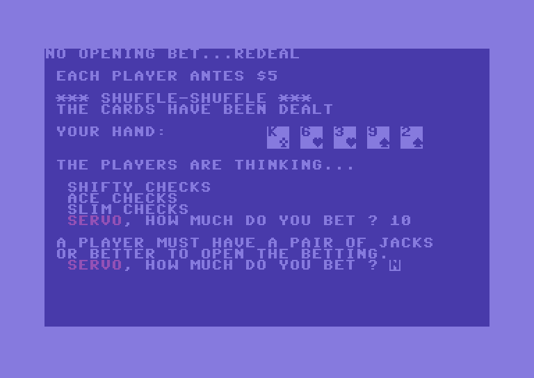Five Card Draw Poker Commodore 64 Screenshot: Oops, I can't open the betting with this hand...