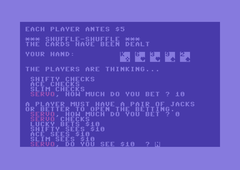 Five Card Draw Poker Commodore 64 Screenshot: Do you see $10 with this hand?