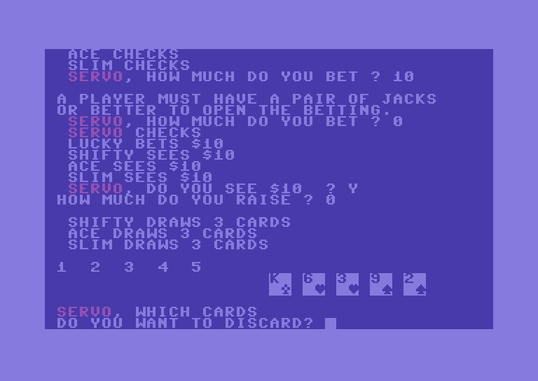 Five Card Draw Poker Commodore 64 Screenshot: Select cards to discard.